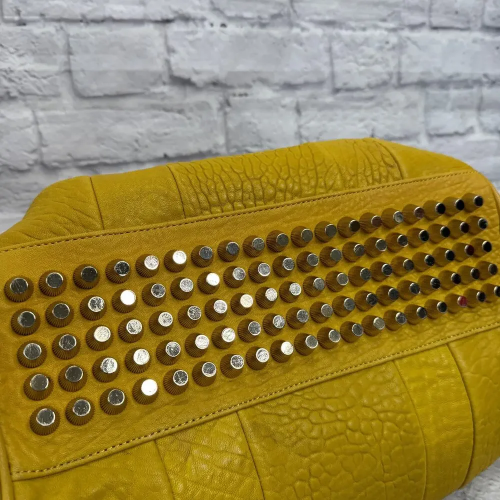 Alexander Wang Rocco Duffel Bag Mustard Yellow Pebbled Leather Studded Bottom